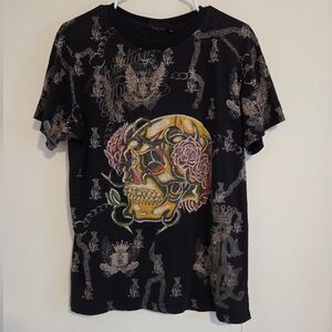 Christian Audigier Vintage Black Skull & Rose Design T-shirt